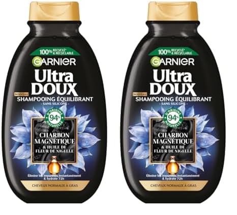 Garnier Ultra Doux Hydrating & Balancing Shampoo with Magnetic Charcoal & Black Seed Flower - For Normal to Oily Hair - 250 ml (Pack of 2) - Image 1