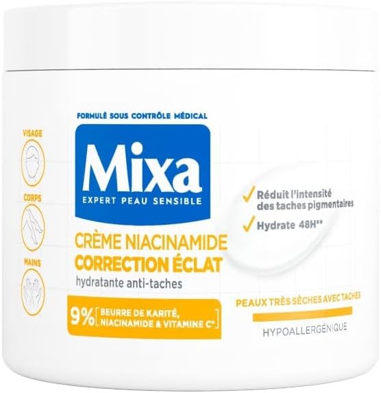 Mixa - Crème Niacinamide Correction Éclat - Crème Hydratante Anti-Taches au Beurre de Karité, à la Niacinamide et à la Vitamine C - Adaptée au Visage, Corps et Mains - Hypoallergénique - 400ml - Image 1