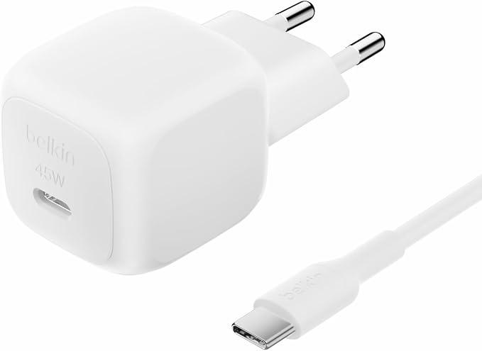 Belkin BoostCharge Compact 45W AC Charger with USB-C to USB-C Cable, Fast Charging, for All Models of iPhone 17, Air, 16, Samsung Galaxy, Google Pixel, iPad, AirPods, etc – White - Image 1