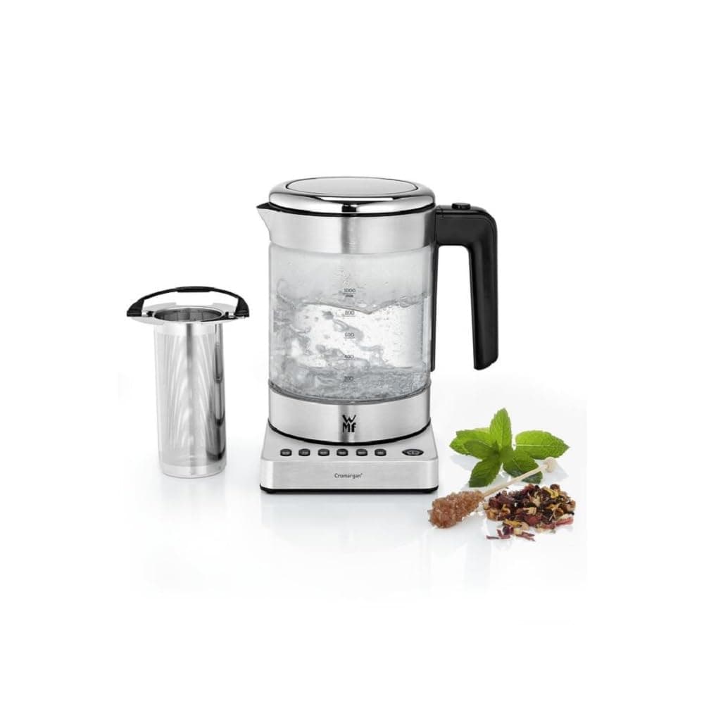 WMF KITCHENminis 0413180012 Electric Glass Teapot Kettle, 1 L, 1900 W, 5 Temperature Levels, Keep Warm, Wireless, Schott Duran Quality, Integrated Tea Filter, Stainless Steel & Compact Design