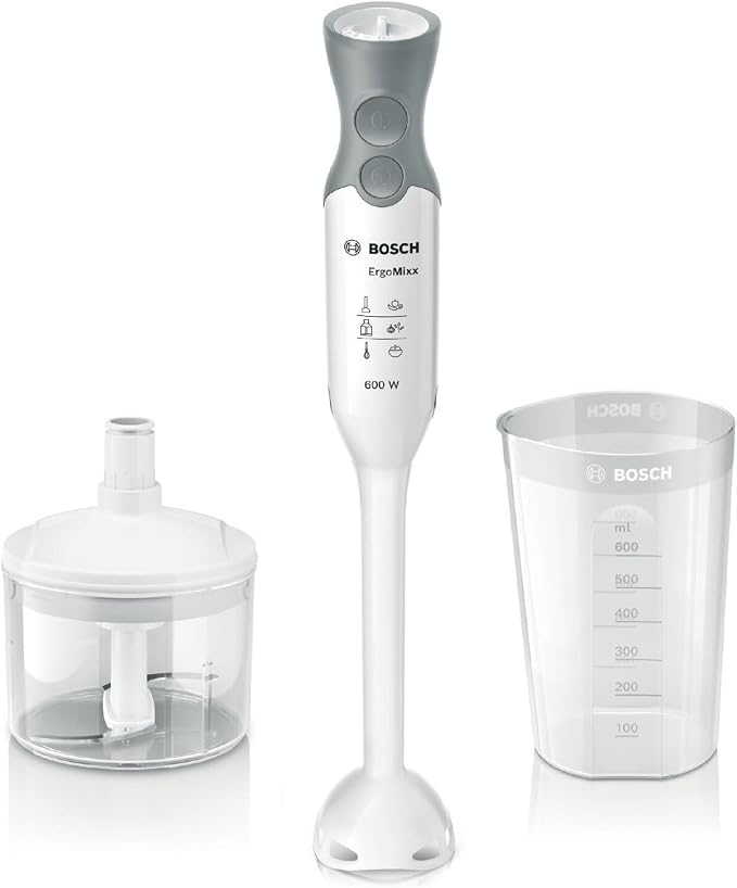 Bosch MSM66020 Hand Blender - Hand Blender 600 W - Splash Proof System - 12 Speeds + Turbo - Mini Chopper Included, Grey/White - Image 1
