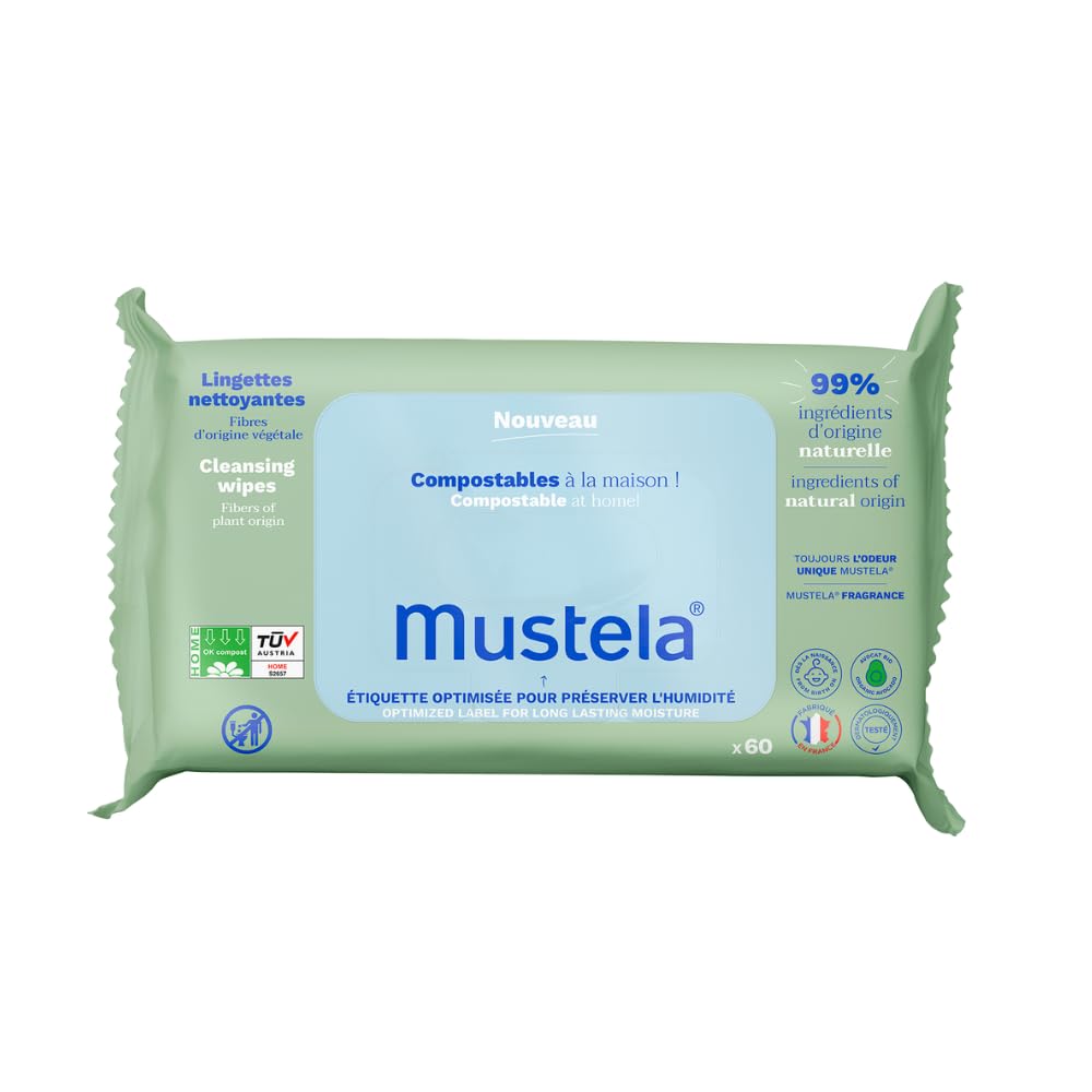 Mustela Scented Compostable Changing Cloths, 100% Plant Fibres Lyocell, Body and Makeup, Baby and Family - 99.5% Natural Ingredients (60 Pcs) - Image 1