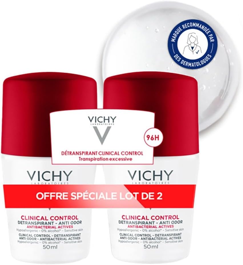 Vichy, Clinical Control, Déodorant Détranspirant 96H Roll-On, Transpiration Excessive, Anti-Odeurs, Sans Alcool & Sans Parfum, Adapté aux Peaux Sensibles, Lot de 2 x 50ml - Image 1