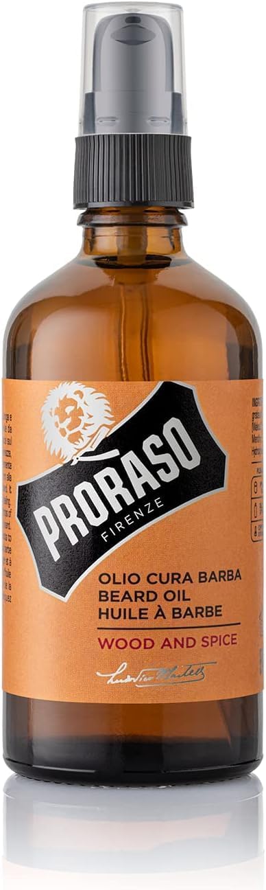 Proraso | Huile à barbe Wood & Spice (flacon-pompe de 100 ml) – Huile pour barbe adoucissante et protectrice pour barbes longues et hirsutes – Fabriquée en Italie - Image 1