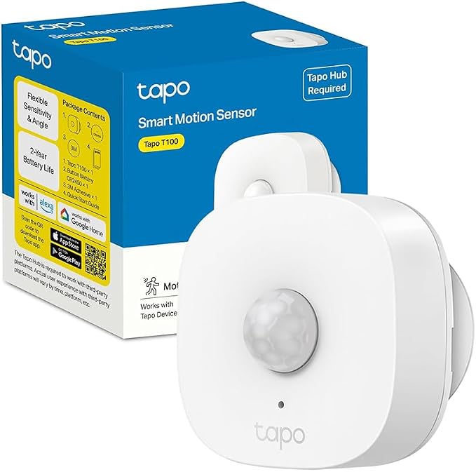 Tapo T100 Smart Motion Detector, Wide Range Detection, Auto Light On, Alexa and Google Home Compatible, Long Life Battery, Programmable, Hub Required - Image 1