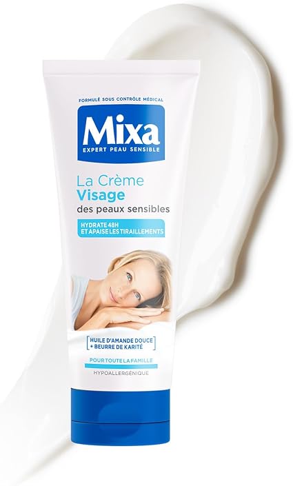 MIXA - Face Cream for Sensitive Skin - 48H Hydration & Soothing - Sweet Almond Oil + Vitamin E - Nourishes & Protects - The Whole Family - 100 ml - Image 1