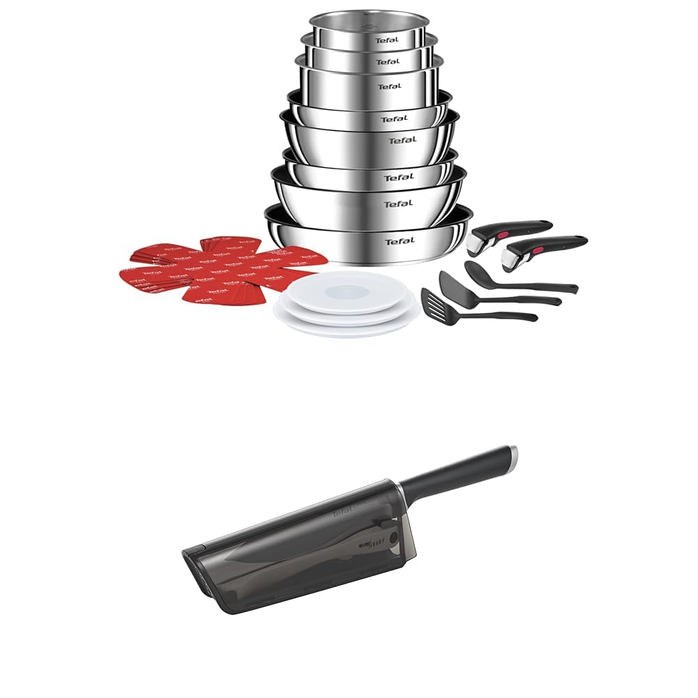 Set of Tefal Ingenio 20-Piece Cookware Set Frying Pans, Saucepans, 2 Removable Handles, Induction, Stackable, L897SK04 + Tefal Chef Knife 16.5 cm, Built-in Sharpener, Stainless Steel, Ever Sharp - Image 1