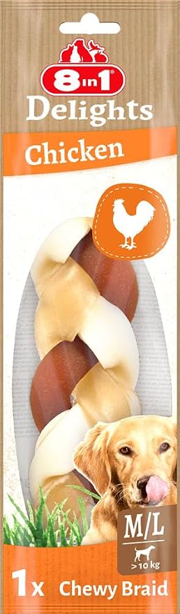 8in1 Delights Chewy Braids M/L - Delicious Chew Snack for Large Dogs, Bite Resistant Beef Skin with Delicious Chicken, 80g Bag (1 Piece) - Image 1