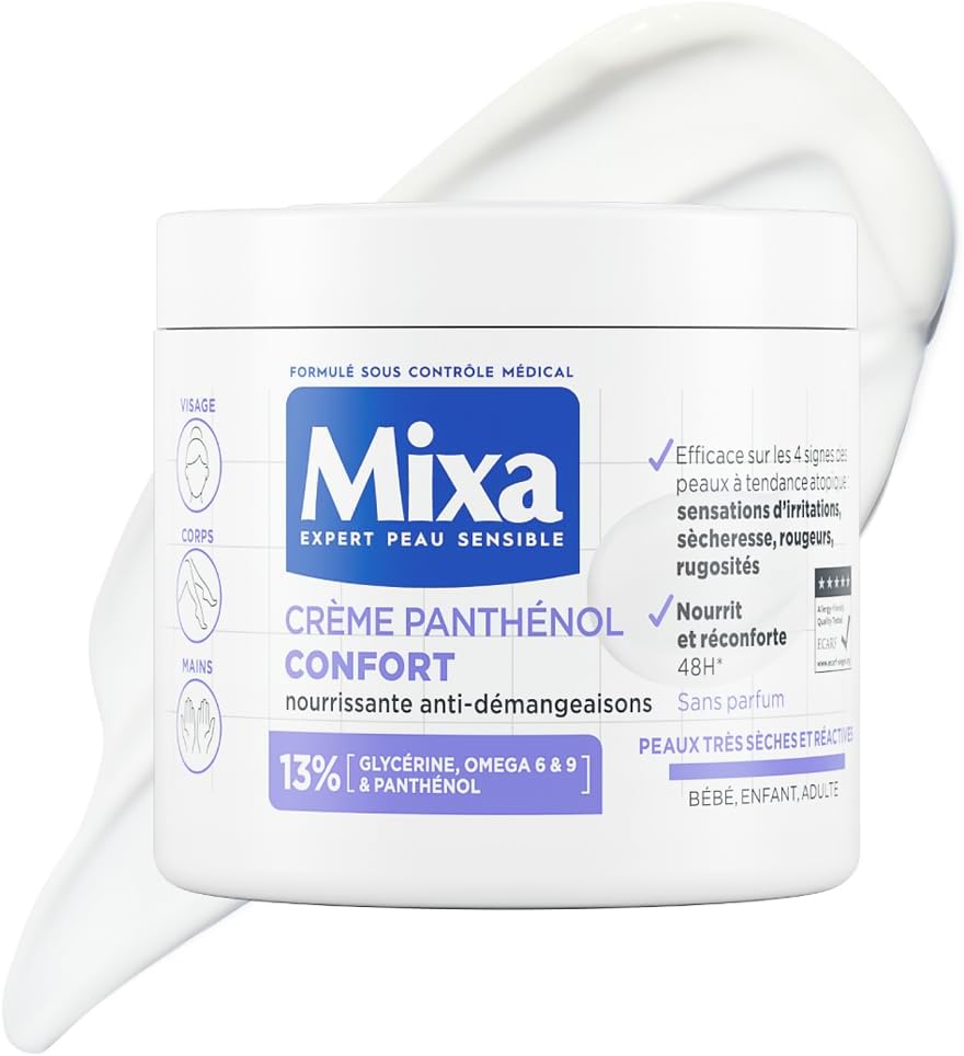 Mixa Expert Peau Sensible - Crème Panthénol Confort - Anti-Démangeaisons - Peaux Très Sèches et Réactives - Visage, Corps, Mains - Bébé, Enfant, Adulte Hypoallergénique - Sans Parfum - 400ml - Image 1