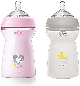 Chicco Natural Feeling Bottle, 6 Months and Up, 330 ml Anti-Colic Bottle, Pink, 2 Pieces - Image 1