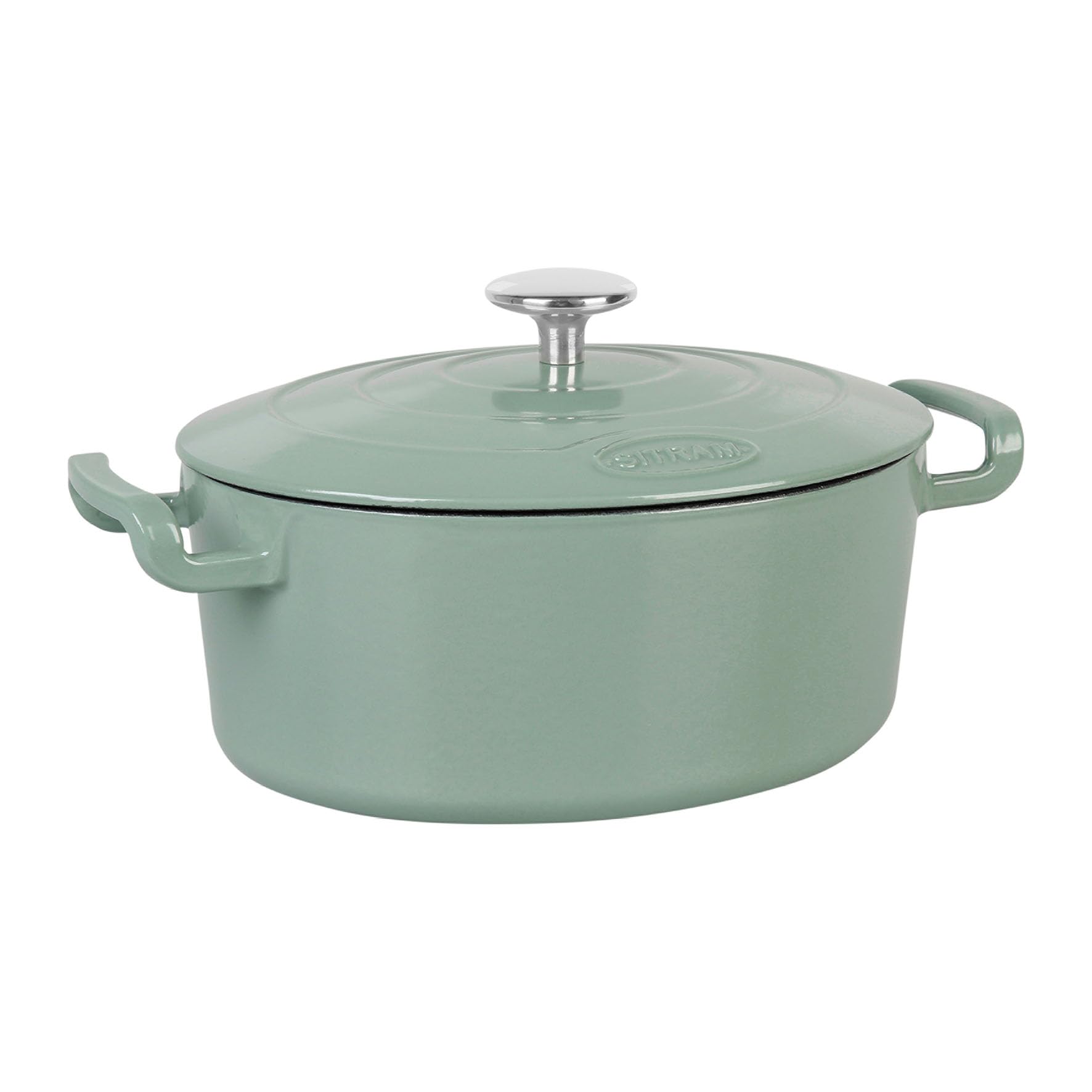 Sitram 715405 Sitrabella Casserole Oval Enamelled Cast Iron Length 26 cm - 4 Litres - Enamelled Exterior Sage Green Interior White - All Heat Sources Including Induction - Ideal Meal 4-5 Guests - Image 1