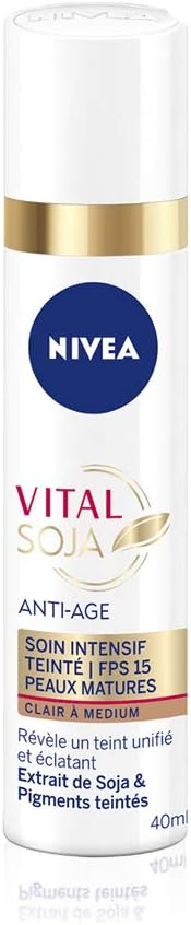 NIVEA Vital Soja Anti-Âge Soin Intensif Teinté Clair à Medium FPS 15 (1x40 ml), sérum anti-âge enrichi en Soja & pigments teintés, soin visage femme peau mature - Image 1