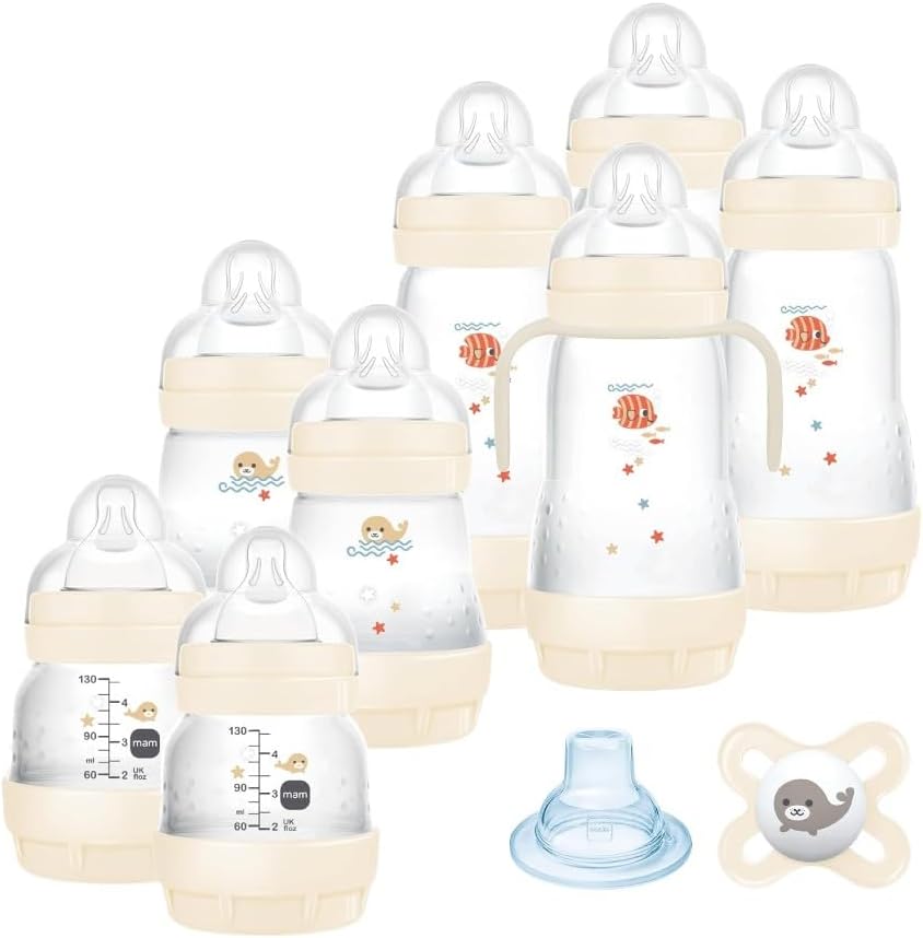 Mam Ensemble de 8 biberons de 130 ml, 160 ml et 260 ml, 1 tétine Start Nanò, 4 disquettes, 1 bec souple et poignées, couleur beige - 730 g, 14,2 x 16,8 x 21,2 cm ; 720 grammes - Image 1