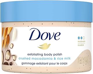 Dove, Exfoliating Body Polish, Macadamia and Rice Milk, Exfoliante Corporal, Macadamia y Leche de Arroz, Piel Suave y Nutrida, Sin Sulfatos, 298 gramos - Image 1