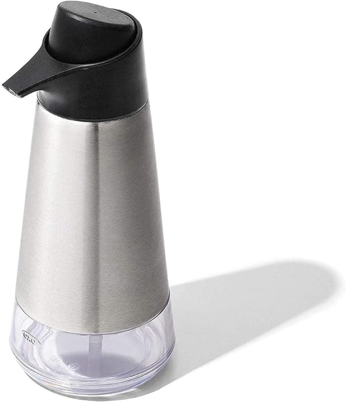DevaCurl OXO Easy Press Soap Dispenser 18/8 Stainless Steel, 3-1/4 Inch Diam. x 8 Inch H