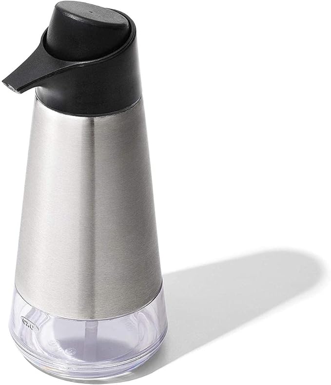 DevaCurl OXO Easy Press Soap Dispenser 18/8 Stainless Steel, 3-1/4 Inch Diam. x 8 Inch H - Image 1