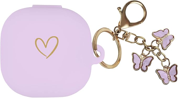Compatible with Samsung Galaxy Buds FE/Buds 2 / Buds Pro/Buds Live/Buds 2 Pro, Gold Heart Pattern Soft Silicone Case with Cute Butterfly Keychain (Purple) - Image 1