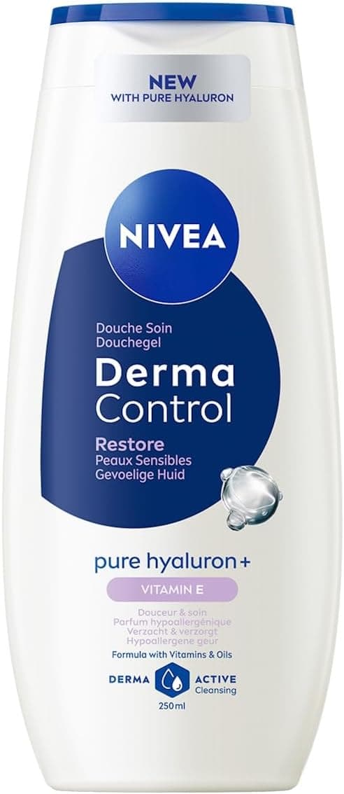 NIVEA - Gel Douche Corps Derma Control Restore - Douceur & Soin - Enrichi En Acide Hyaluronique Pur & Vitamine E - Parfum Hypoallergénique - pH Neutre - Peaux Sensibles - 250 ml