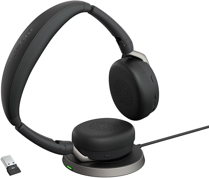 Jabra Evolve2 65 Flex Stereo Headphones with Bluetooth, Wireless Charging Stand, ClearVoice Noise Cancelling and Hybrid ANC Technology, Certified for Google Meet and Zoom - Black - Image 1