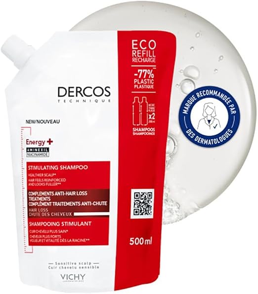 Vichy, Dercos Technique, Energy+ Anti-Fall Stimulating Shampoo, Enriched with Aminexil, Brittle Hair, Eco-Refill, 500 ml - Image 1