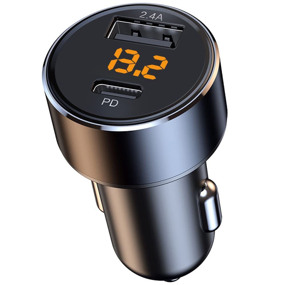 30W USB C Car Charger, Mini USB Adapter 2.4A with LED Voltage Display, 12W USB and 18W PD 12V Car Charger Adapter for Phone, Tablet and Other Mobile Devices - Image 1