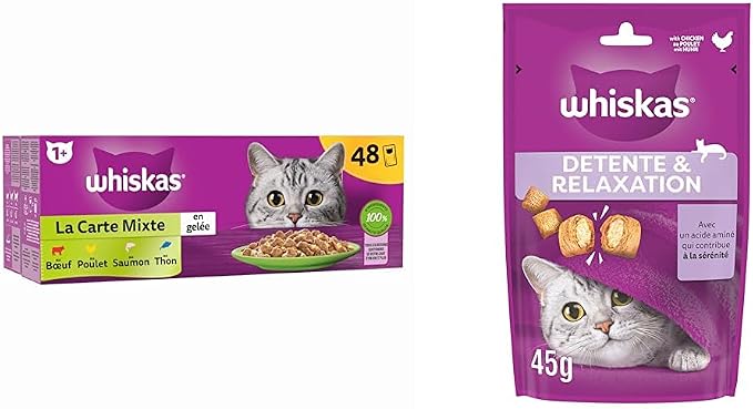 WHISKAS La Carte Mixte 48 Fresh Sachets (4 Varieties) Complete & Balanced Jelly Pate for Sterilised Cats + Whitka Relax Unwind Relaxation Chicken Treats 8 Packs of 45 g - Image 1
