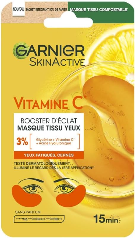 GARNIER Skin Active - Masque Yeux Booster D'Éclat - Illumine Le Contour Des Yeux - Réduit Les Cernes - Enrichi En Vitamine C, Glycérine & Acide Hyaluronique - Vegan & Cruelty Free - Tissu Compostable - Image 1