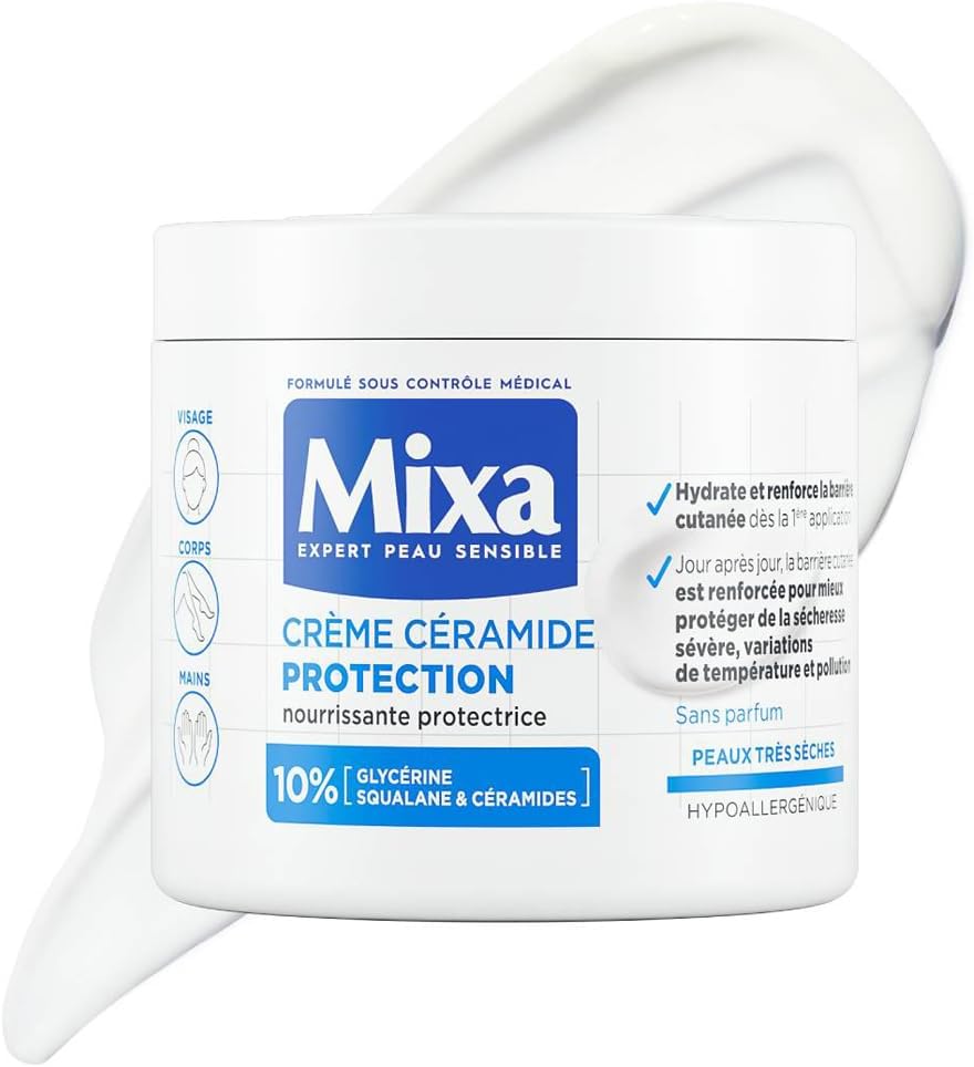 Mixa Expert Peau Sensible - Crème Céramide Protection - Anti-Sécheresse Sévère - Peaux Très Sèches et Fragilisées - Visage, Corps, Mains - Hypoallergénique - Sans Parfum - 400ml - Image 1