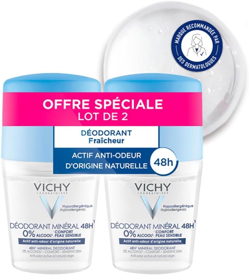 Vichy, Déodorant Efficacité Longue Durée 48 H, Roll-On, Formule Minérale Sans Alcool, Actif Anti-Odeur d'Origine Naturelle, Adapté aux Peaux Sensibles, Lot de 2 x 50 ml - Image 1