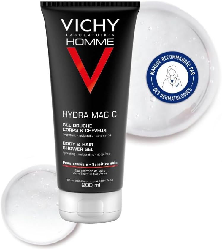 Vichy Homme, Hydra Mag-C, Gel Douche Énergisant Corps & Cheveux, Hydratation & Fraîcheur, Enrichi en Magnésium & Vitamine C, Pour Tous Types de Peau, 200 ml - Image 1