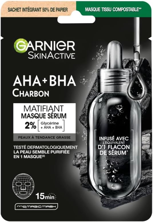 GARNIER Skin Active - Masque Visage Tissu Charbon Végétal - Réducteur De Pores & Hydratant - Charbon Pur, Acide Hyaluronique, LHA & Algue Brune - Vegan & Cruelty Free - Peaux Sensibles - x1 - Image 1