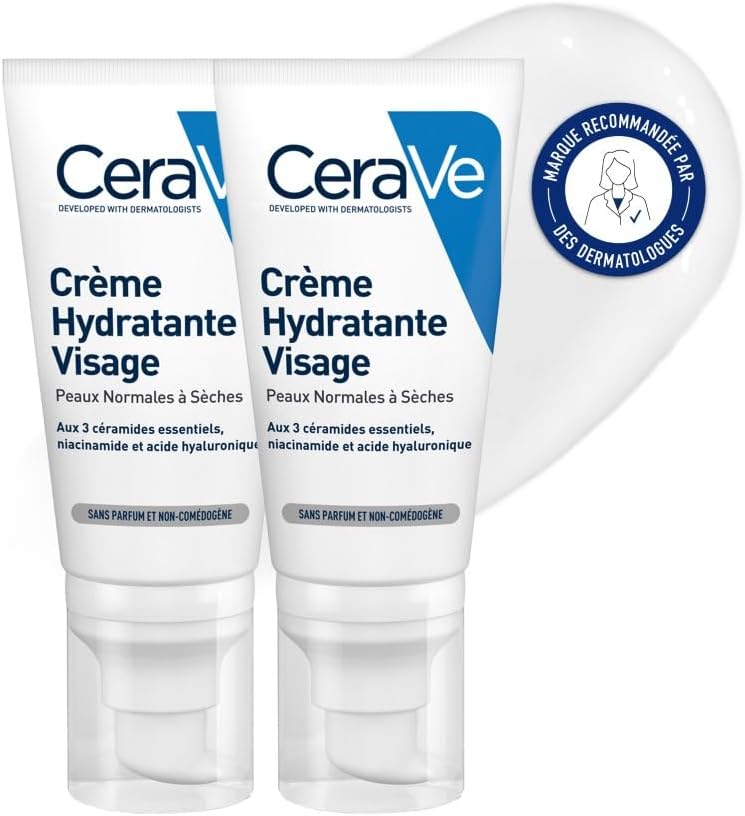 CeraVe - Crème Hydratante Visage - Hydrate 24h, Apaise & Répare - Diffusion Prolongée des Actifs - 3 Céramides Essentiels, Niacinamide, Acide Hyaluronique - Peau Normale à Sèche - 2 x 52 ml - Image 1