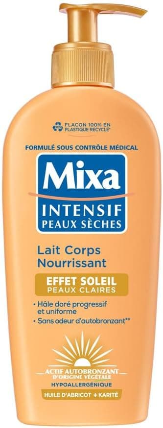 Mixa Intensif Peaux Sèches - Lait Corps Nourrissant Effet Soleil - Autobronzant - Hâle Doré Naturel Progressif et Uniforme - Peaux Claires - Hypoallergénique - 250ml