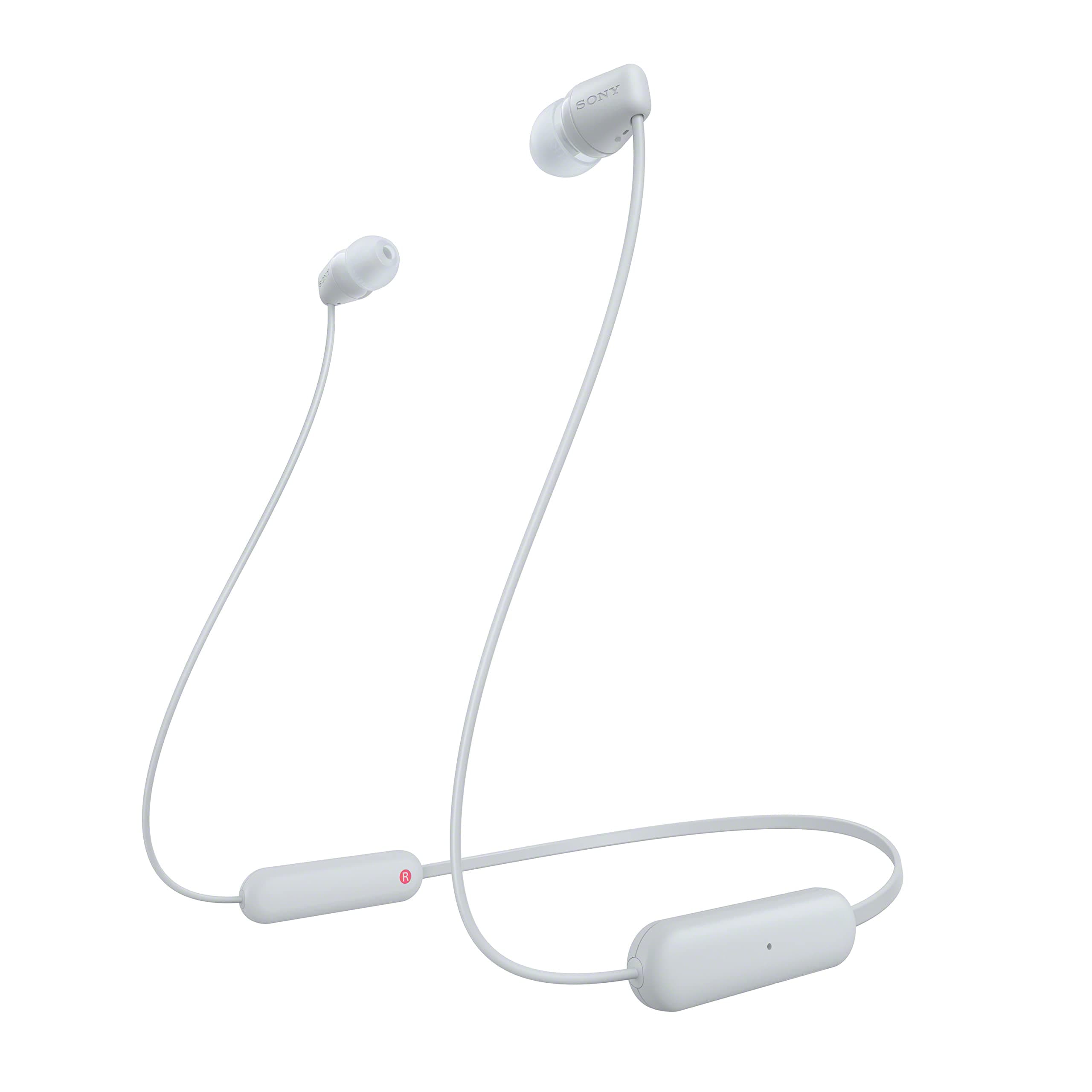 Sony WI-C100 Wireless Bluetooth Earphones - Up to 25 Hours of Battery Life - Built-in Microphone for Phone Calls - Compatible with Voice Assistants - White