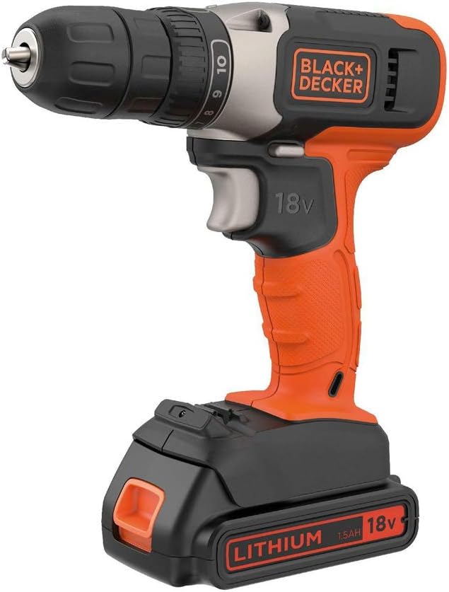 BLACK+DECKER 18V Cordless Drill Driver 37Nm Max Torque, 10 Clutch Positions, LED Work Light, 1.5Ah Battery and Charger, BCD001C1-QW - Image 1