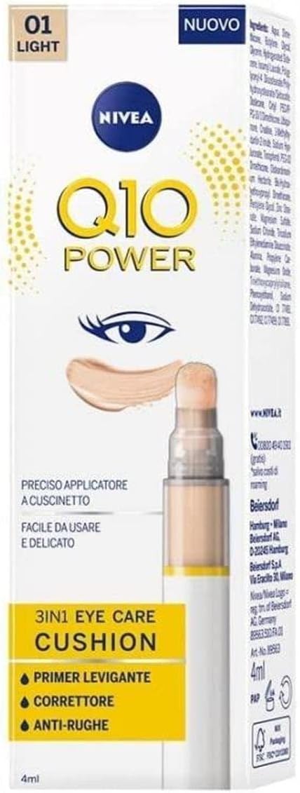 Nivea Q10 Power 3in1 Eye Care Cushion 01 Light 4 ml, crème contour des yeux colorée et hydratante, apprêt pour les yeux anti-âge avec coenzyme Q10, correcteur cernes lissant - Image 1