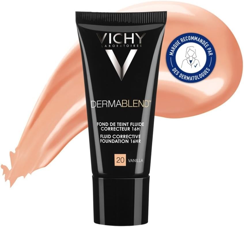 Vichy, Dermablend, Fond de Teint Fluide Correcteur, Longue Tenue 16H, Haute Couvrance, SPF 35, Adapté aux Peaux Sensibles Normales à Sèches, Teint : Vanilla 20, 30 ml - Image 1