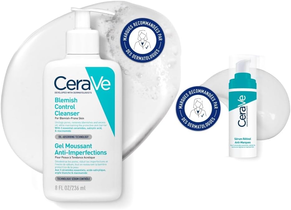 CeraVe, Routine pour les Peaux à Tendance Acnéique, Gel Moussant Anti-Imperfections 236 ml et Sérum Rétinol Anti-Marques 30 ml, pour Purifier, Corriger les Marques et Lisser la Peau - Image 1