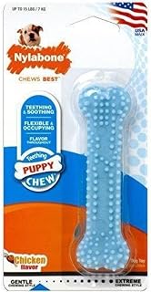 NYLABONE, Os à mâcher pour chiots et jouets dentaires pour chiots dentaires - Os à mâcher - Pour chiots extra petits jusqu'à 7 kg - Pour chiens à mâcher et à dents - Saveur de poulet - Bleu - Image 1