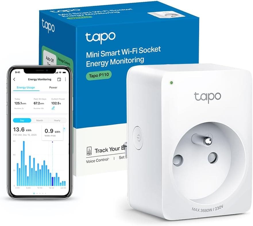 Tapo Prise Connectée WiFi, Suivi de consommation, 16A Type E, Compatible avec Alexa, Google Home et SmartThings, Contrôler Le radiateur, Le Chauffage, Économie d'énergie, P110(FR)