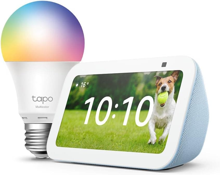 Echo Show 5 (3e génération) | Bleu-gris + Tapo L530EA ampoule connectée LED (E27), Fonctionne avec Alexa - Kit de démarrage Maison connectée