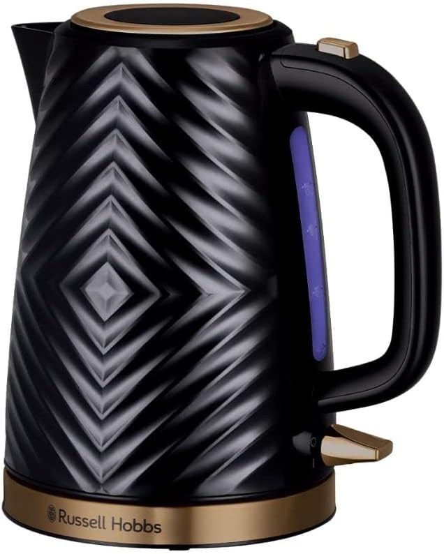 Russell Hobbs Groove 26380 Bouilloire électrique sans fil 1,7 l (ébullition rapide 3 kW, plastique texturé noir avec accents dorés brossés, filtre anti-calcaire amovible lavable, couvercle à pousser - Image 1
