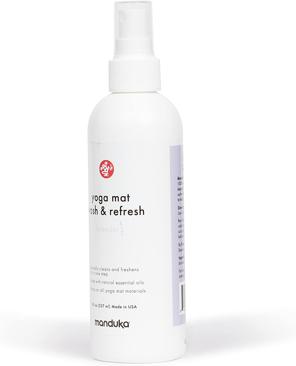 Manduka Wash and Refresh – Spray de nettoyage pour tapis de yoga 100 % naturel, pour équipement de fitness et accessoires de gym, non irritant, adapté aux animaux – Parfum lavande, 237 ml - Image 1