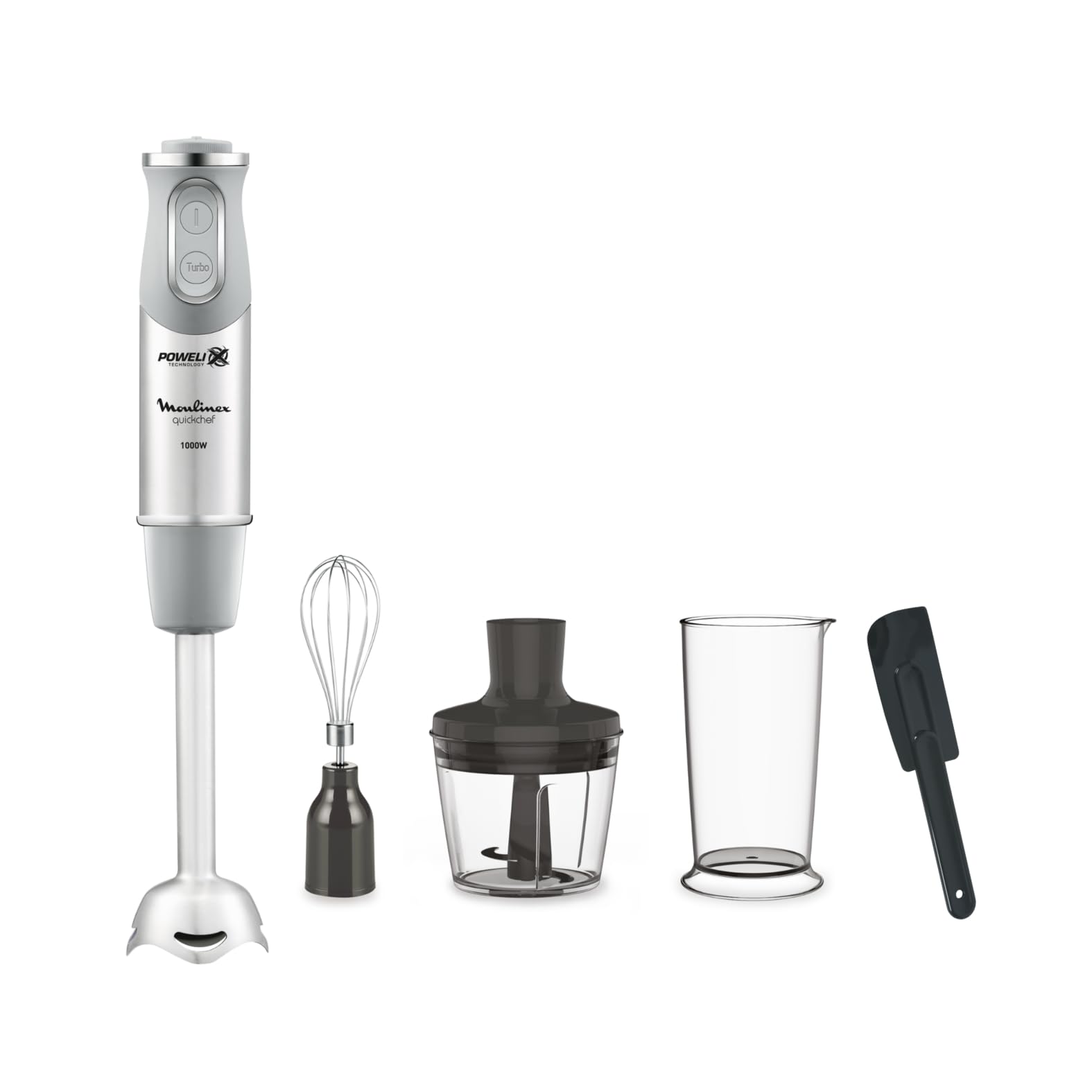 Moulinex Quickchef DD655DES Hand Blender + Spatula, Metal Base, 1000 W, 10 Speed, Powelix Blades, 500 ml Chopper, 800 ml Measuring Jug, Grey - Image 1