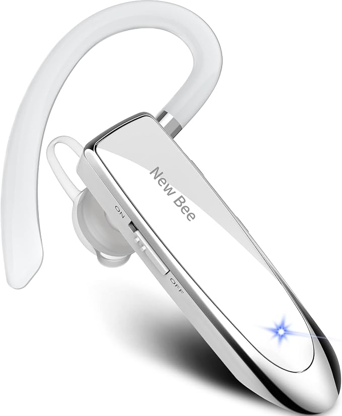 New Bee Handsfree Bluetooth Headset, Wireless Bluetooth Headset with Microphone 60 Days Standby Hands Free Headset with Microphone for iPhone Samsung, HTC, LG, Sony, PC (White) - Image 1