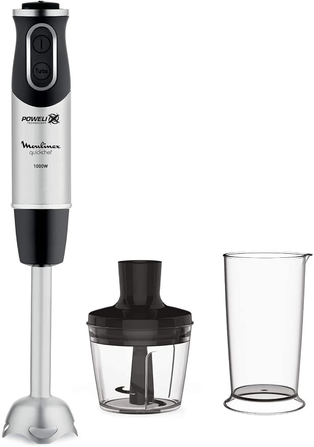 Moulinex QuickChef DD6578 1000W Manual Mixer with Turbo Speed Control with 2 Cutting Accessories, Chopper and Measuring Cup, Splash Proof Dome, Steel - Image 1