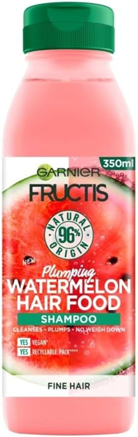 Garnier Fructis Vegan Watermelon Volume Shampoo Gently Detangles Fine Hair, Incomparable Shine, 96% Natural, Silicone-Free, 350 ml - Image 1