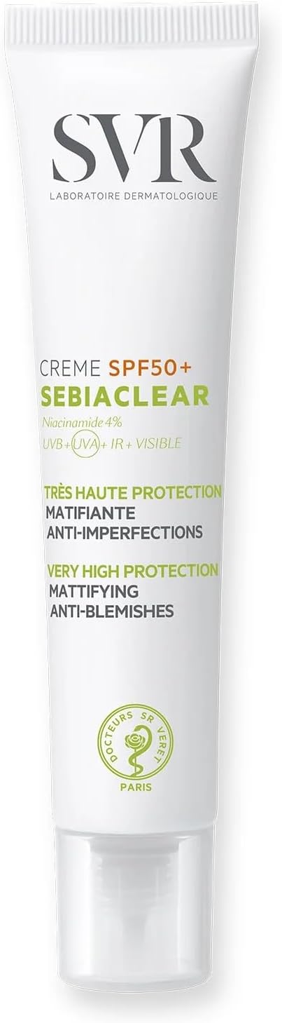SVR - Sebiaclear Crème SPF50+ - Protection solaire anti-imperfections – Pour peaux mixtes à grasses, sensibles ou à tendance acnéique – Niacinamide 4%, Gluconolactone, Filtres UVA/UVB – 40 ml - Image 1