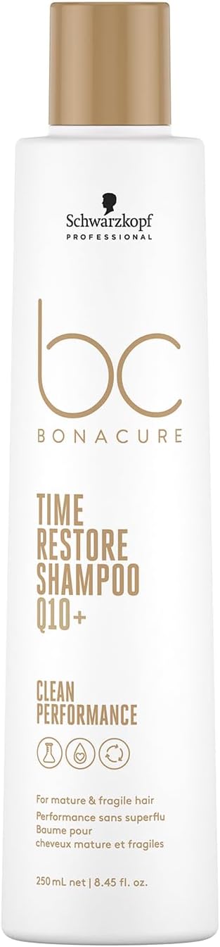 Schwarzkopf Professional Bonacure Time Restore Shampoo for Mature and Weakened Hair Vegan Care Complex Q10+ Fights Visible Signs of Aging Elasticity Purifying Moisturizing 250ml - Image 1