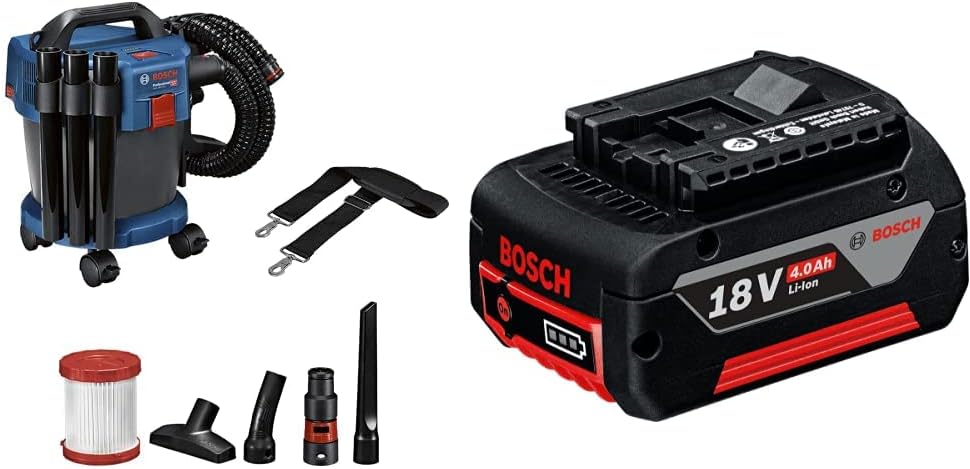 Bosch Professional 18V System Cordless Wet and Dry Vacuum Cleaner GAS 18V-10 L (without battery or charger, with 1.6 m hose, set of 3 tubes) & GBA Lithium-Ion Battery CoolPack 18 V 4.0 Ah, Black - Image 1